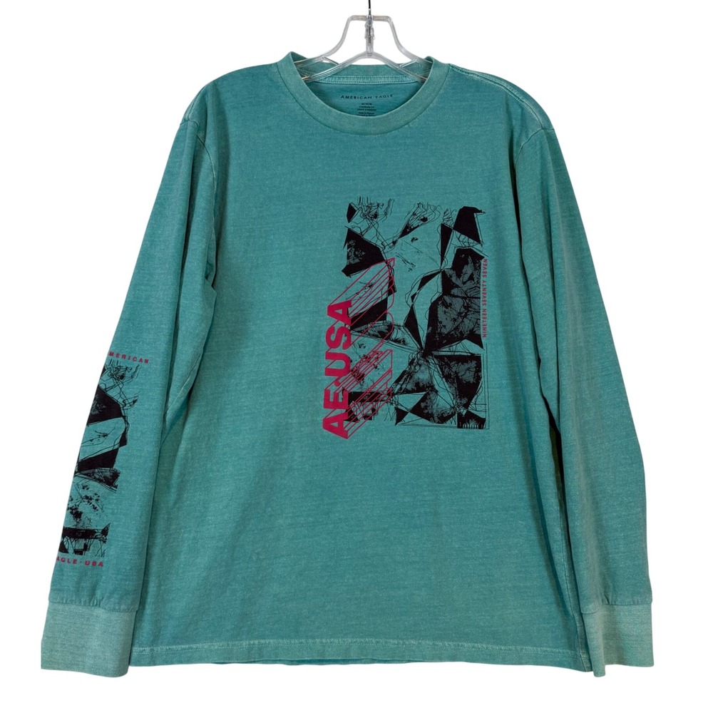 American Eagle AEUSA Graphic Long Sleeve Tee Teal Green Mens •M• 1977 Print Y2K